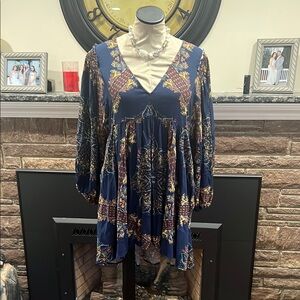 Free People Bohemian Blue and Gold tunic top